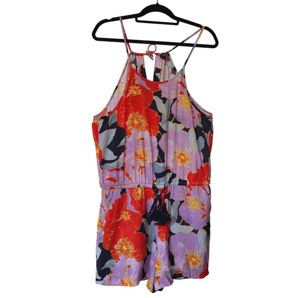 Ann Taylor Loft Womens Floral Halter Romper Purple Red Orange Tassel Size M